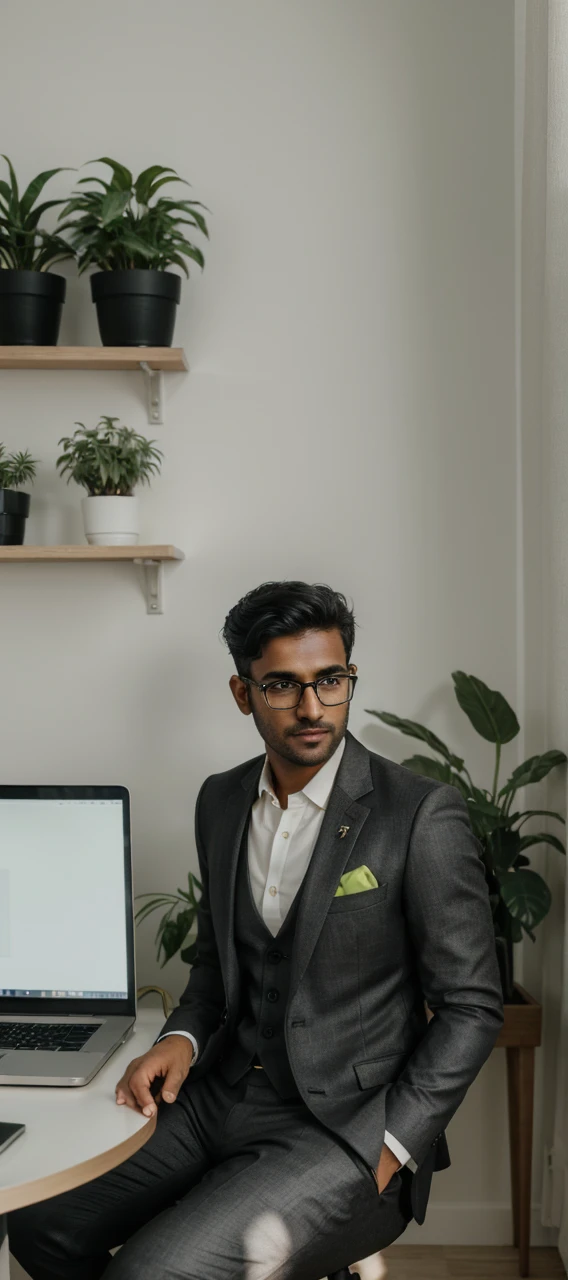 professional masterpiece, 1 man Bangladesi, confident, handsome, charming, with short taper fade black hair, natural make up, slight smile, wearing trendy eyeglasses, olive lime luxury suit with flowers on pocket, sitting alone on business chair, posing with laptop for work, fantastic color, set in a business room on office table, with plants in pots around the room, soft lighting, deph of fields effect, ultra realistic, high definition with special effects, resambling photo sony 7000D, ultra realistic