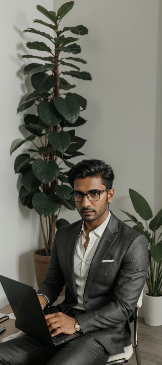 professional masterpiece, 1 man Bangladesi, confident, handsome, charming, with short taper fade black hair, natural make up, slight smile, wearing trendy eyeglasses, olive lime luxury suit with flowers on pocket, sitting alone on business chair, posing with laptop for work, fantastic color, set in a business room on office table, with plants in pots around the room, soft lighting, deph of fields effect, ultra realistic, high definition with special effects, resambling photo sony 7000D, ultra realistic
