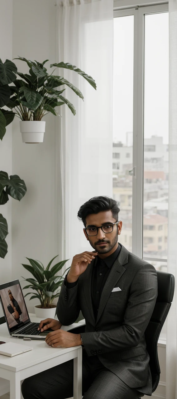 professional masterpiece, 1 man Bangladesi, confident, handsome, charming, with short taper fade black hair, natural make up, slight smile, wearing trendy eyeglasses, olive lime luxury suit with flowers on pocket, sitting alone on business chair, posing with laptop for work, fantastic color, set in a business room on office table, with plants in pots around the room, soft lighting, deph of fields effect, ultra realistic, high definition with special effects, resambling photo sony 7000D, ultra realistic