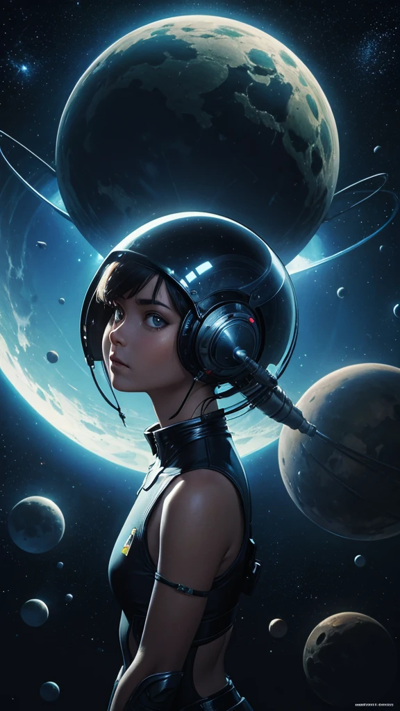 Sci-fi space scene, aliens, moons, illustrated by Jim Burns