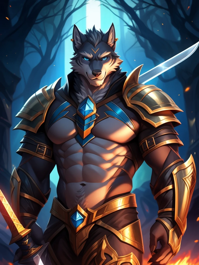 Two-dimensional wolf orcs，An adult wolf，Wolf standard stature，The highest appearance，Highest image quality，blue color eyes，Look to the right，Two-dimensional wolf orcs，Tiger Tooth，best qualtiy，tmasterpiece，Textured skin，romanticism lain，Cinematic lighting effects，Ray traching，Beautiful pupils，Diamond-shaped pupils，Light smile，Gray hair，a sword, Silas, Extremely detailed Artgerm, caleb from critical role, commission for high resolution, warwick saint, Artgerm on ArtStation Pixiv, nasus, casimir art, trends in art station, raziel irl, djinn human hybrid，Wear knightly armor，