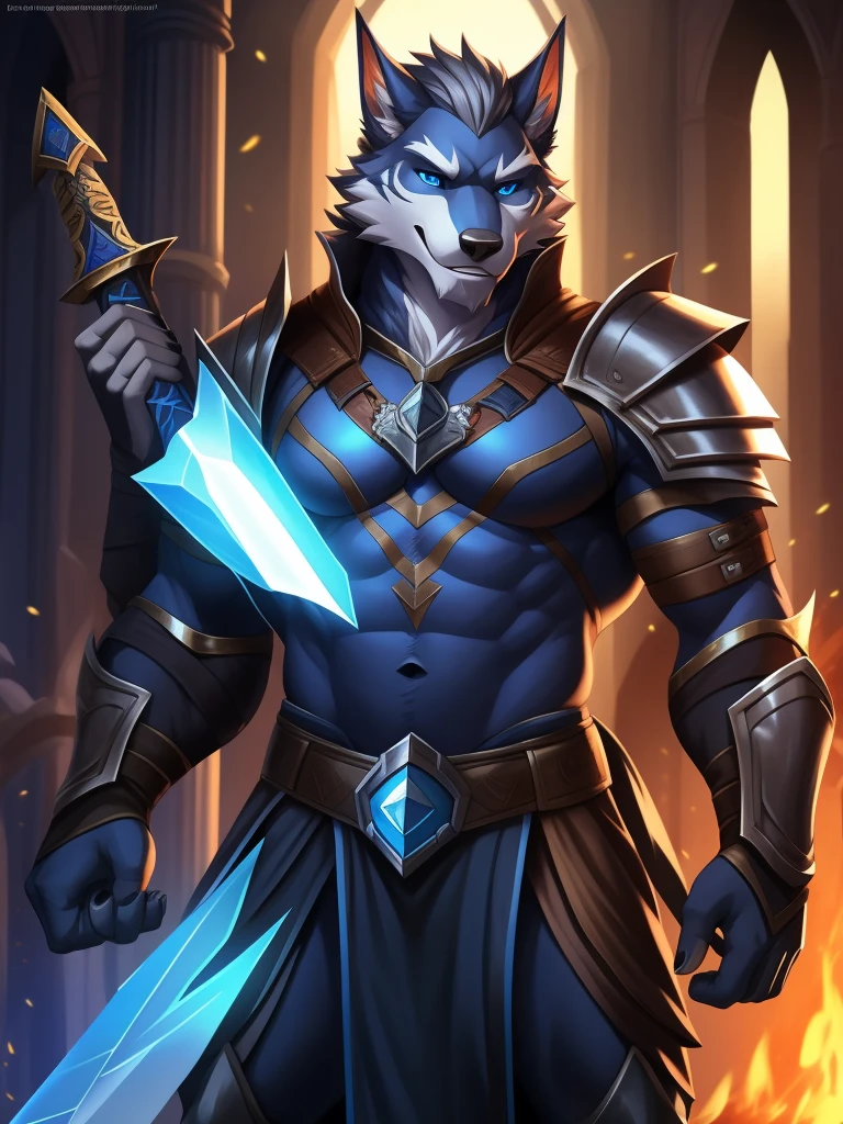 Two-dimensional wolf orcs,An adult wolf,Wolf standard stature,The highest appearance,Highest image quality,blue color eyes,Look to the right,Two-dimensional wolf orcs,Tiger Tooth,best qualtiy,tmasterpiece,Textured skin,romanticism lain,Cinematic lighting effects,Ray traching,Beautiful pupils,Diamond-shaped pupils,Light smile,Gray hair,a sword, Silas, Extremely detailed Artgerm, caleb from critical role, commission for high resolution, warwick saint, Artgerm on ArtStation Pixiv, nasus, casimir art, trends in art station, raziel irl, djinn human hybrid,Wear knightly armor,