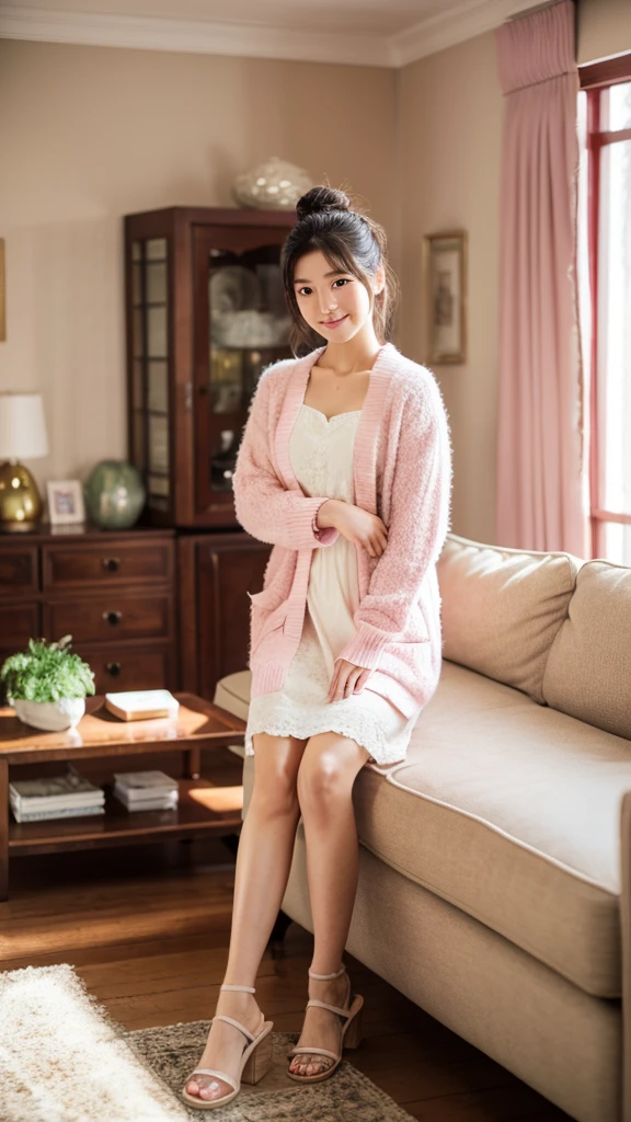 a young Korean housewife in a pink cardigan, white dress, sandals, large hair bun, standing in living room, face straight to viewer, shy pose, serene expression, cute face, detailed face, detailed clothing, detailed background, natural lighting, warm colors, beautiful scenery, intricate details, highly detailed, photorealistic, 8k, ((masterpiece)), cinematic style, portrait