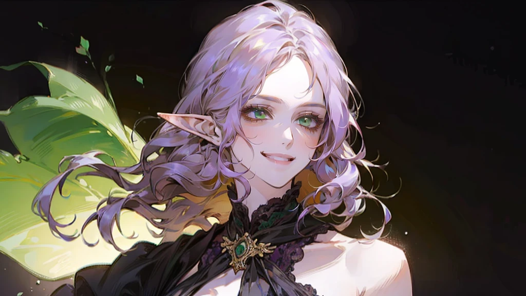 A beautiful, elegant girl with purple hair, green eyes and pale skin. Her hair is long and curly, she has two pretty tufts on the sides. She is an elf girl. elf ears. ((she smiles)). black background.
