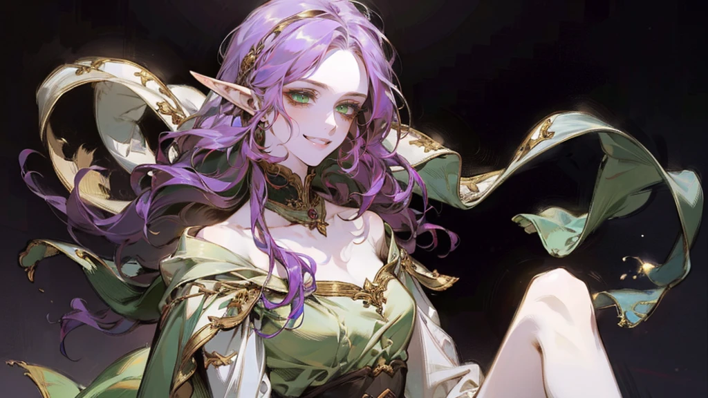 A beautiful, elegant girl with purple hair, green eyes and pale skin. Her hair is long and curly, she has two pretty tufts on the sides. She is an elf girl. elf ears. ((she smiles)). black background.