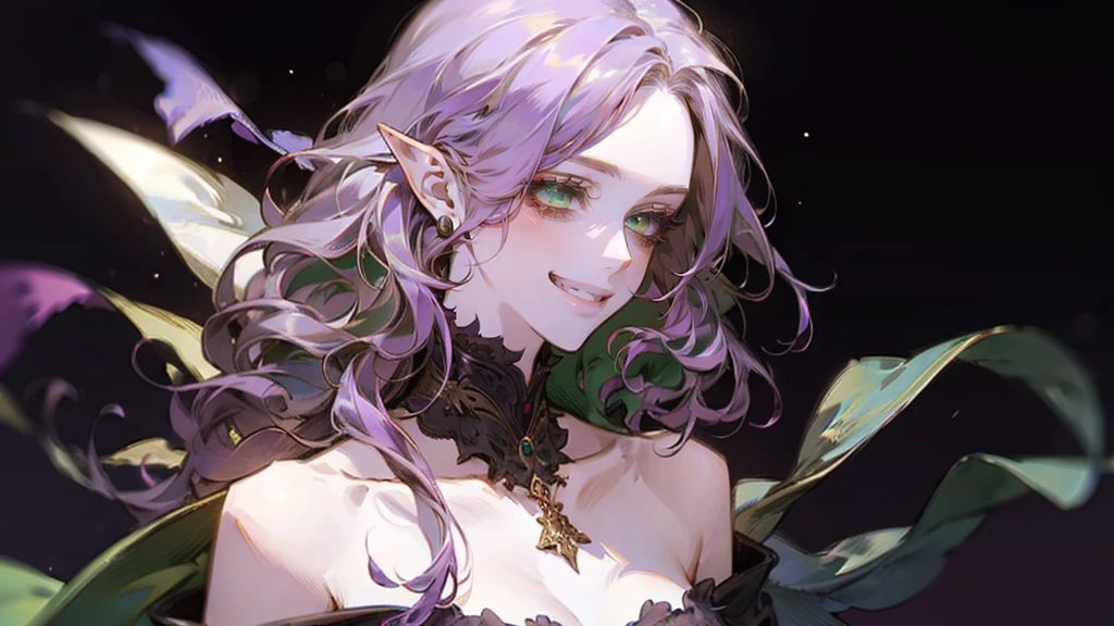 A beautiful, elegant girl with purple hair, green eyes and pale skin. Her hair is long and curly, she has two pretty tufts on the sides. She is an elf girl. elf ears. ((she smiles)). black background.