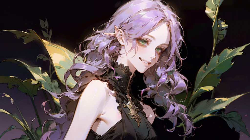 A beautiful, elegant girl with purple hair, green eyes and pale skin. Her hair is long and curly, she has two pretty tufts on the sides. She is an elf girl. elf ears. ((she smiles)). black background.