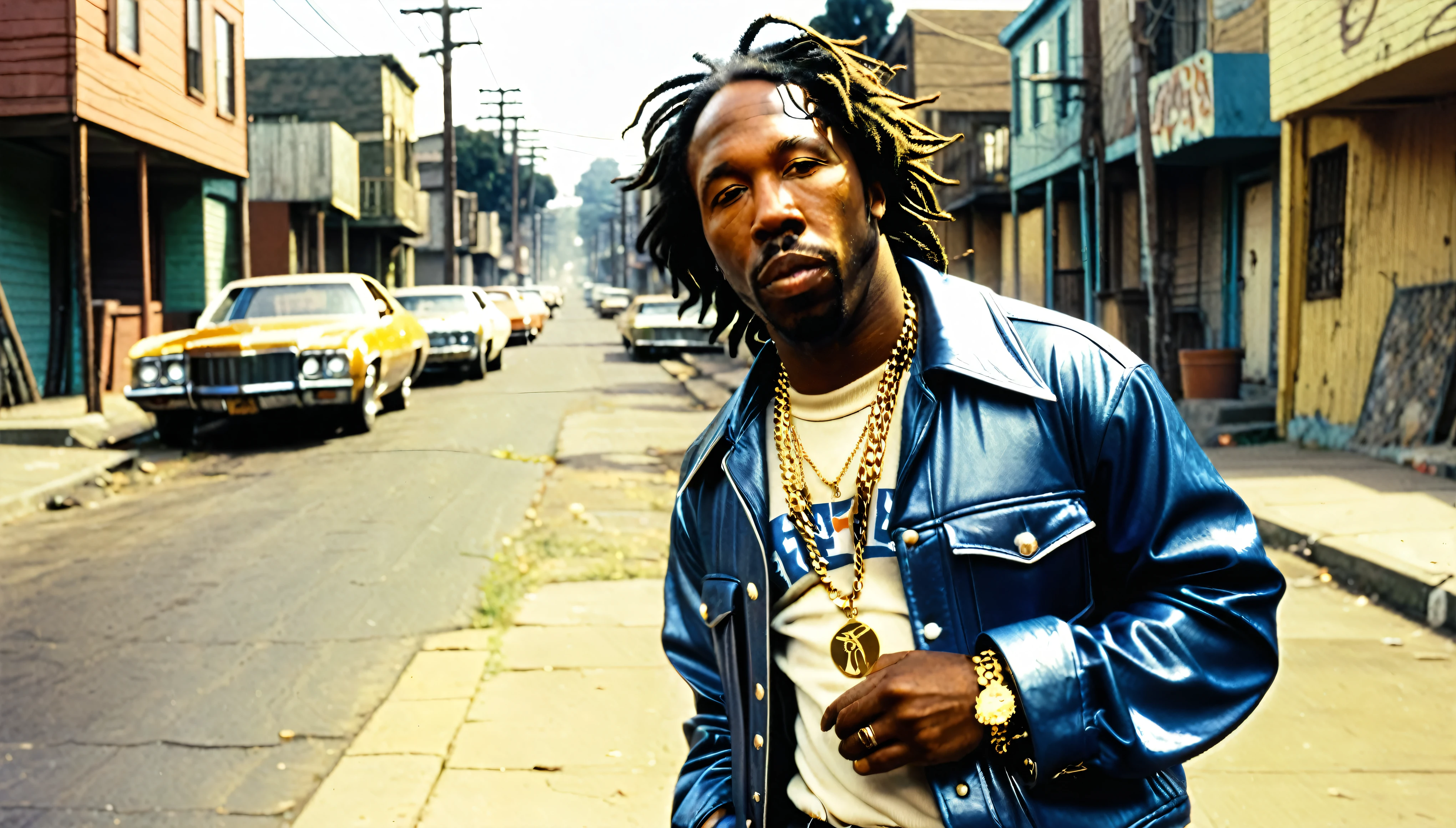 1970s photo of "MC Eiht" wearing 1970s attire, he is in the ghetto, atmospheric perspective, 