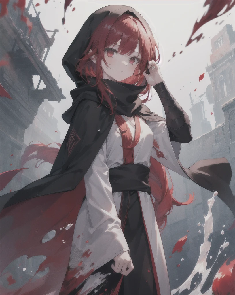 One girl,(Redhead)),Red eyes,Daikon,Long Hair,(loose Long Hair),((Black Cape)),(Cape Hood),scarf,Red moon floating in the sky,night,Floating red flowers fall,Upper Body,Remains,Strong Shadows,Ash,fire,ice,((Ink wAsh painting)),((ink splAshing)),((color splAshing)),