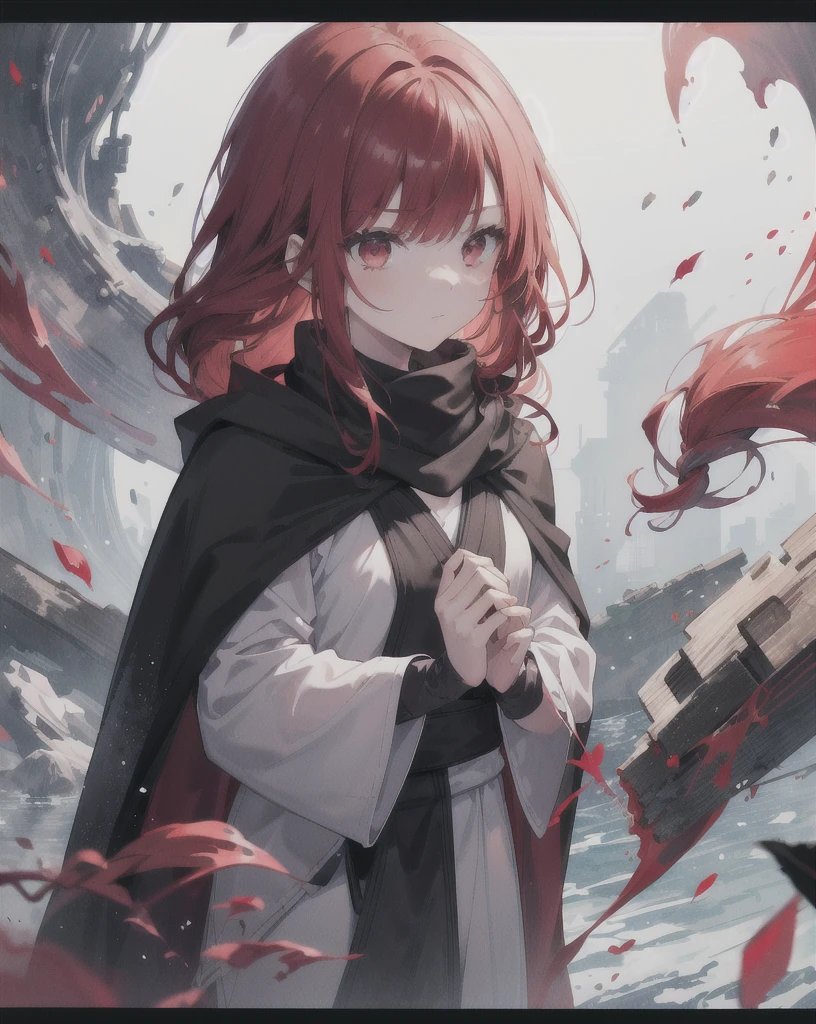 One girl,(Redhead)),Red eyes,Daikon,Long Hair,(loose Long Hair),((Black Cape)),(Cape Hood),scarf,Red moon floating in the sky,night,Floating red flowers fall,Upper Body,Remains,Strong Shadows,Ash,fire,ice,((Ink wAsh painting)),((ink splAshing)),((color splAshing)),