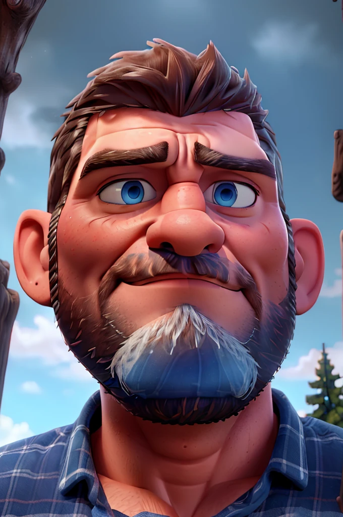 a massive muscular lumberjack with a giant blue ox, detailed portrait, incredibly detailed face, striking blue eyes, rugged features, plaid shirt, [photorealistic], (best quality, 8k, highres, masterpiece:1.2), (hyperrealistic, cinematic lighting:1.3), dramatic lighting, vibrant colors, epic fantasy landscape, towering pine trees, mountains in the background