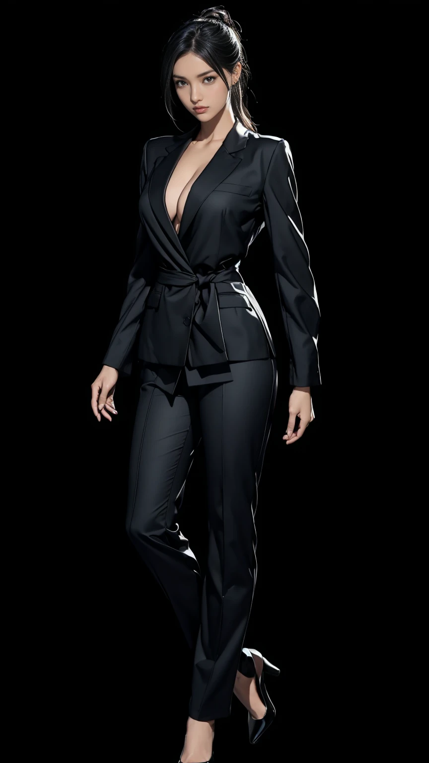 ((masterpiece,best quality,8k,highres)),((character concept art)), 1 female, young adult female, Yumi Tanaka, 19 years old, (black shiny hair tied in a knot), black hair, (fair skin colour), ultra finely detailed eyes (mysterious black eyes colour), quiet, stoic, calm, perfect body build ((slim, athletic, busty)), ((intricate detail)), super finely detailed hands, ultra finely detailed fingers(((ten fingers))), wearing black dress shirt, black blazer, black trousers, (standing with confidence), (full body showcase), (show full body), (no logos on background), (no logo), ((plain background)), ((plain background)), (((empty background)))