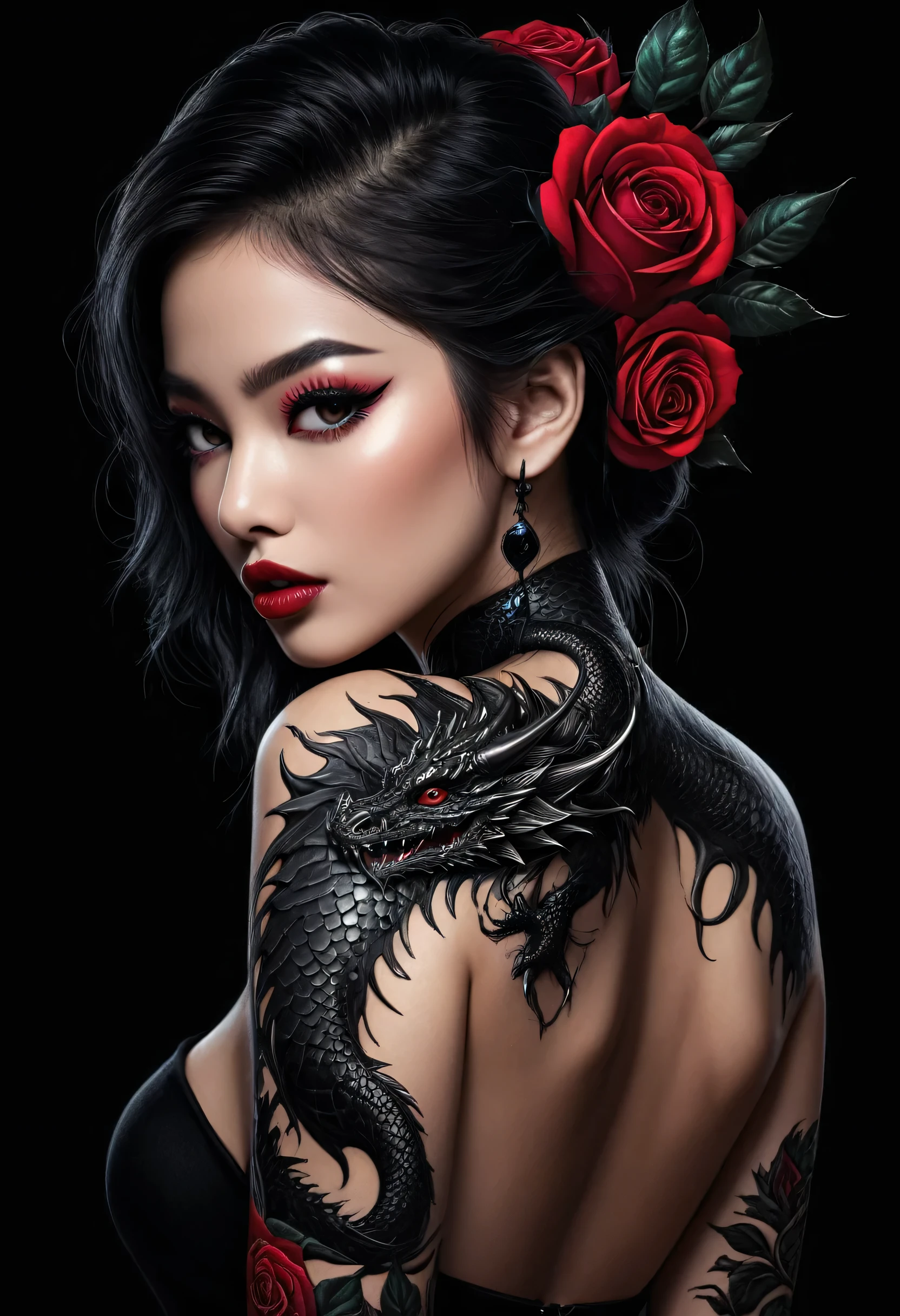 a beautiful woman's back with a intricate detailed black dragon tattoo with roses, hyper-realistic, detailed skin texture, masterpiece, 8k, beautiful detailed eyes, beautiful detailed lips, extremely detailed face, long eyelashes, realistic, photo-realistic, physically-based rendering, vivid colors, dramatic lighting, intricate details, cinematic composition, gothic fashion, dramatic pose, naked. side boob