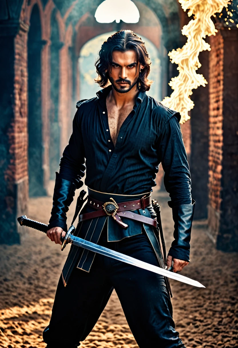 handsome man with sword ready to war, cinematic scene