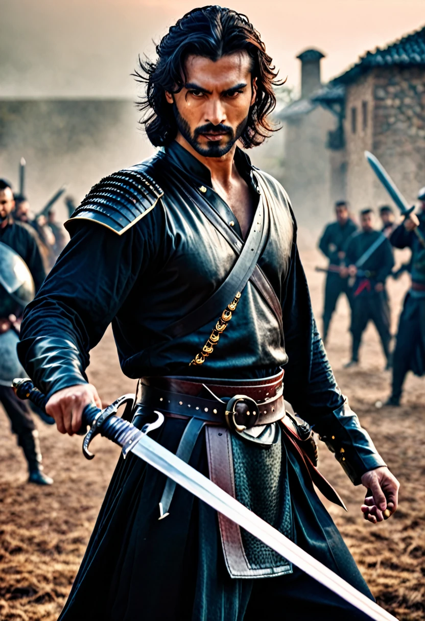 handsome man with sword ready to war, cinematic scene