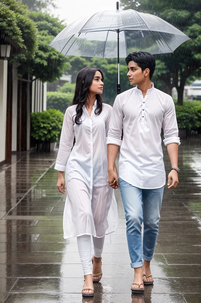 A girl and a boy walking in the heavy rain and holding umbrella. The boy wears a jeans and white shirt. The girls wears a kurta. Both of them a looking each other very romantically. Boy is holding umbrella.