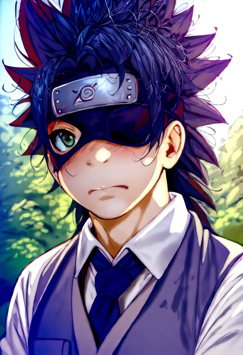 score_9, score_8_up, score_7_up, score_6_up, score_5_up, source_anime, 1boy, Hatake Kakashi, "NARUTO", (forehead protector cover one eye), (Eye Patch, eye mask), angry, standing, outdoors, forest, solo, male focus, jacket, black gloves, fingerless gloves, vest, long sleeves, spiked hair, ninja, art by fumihiko (fu mihi ko) and kairunoburogu, anime screenshot, anime screencap, anime coloring, dramatic composition, cinematic lighting, (masterpiece, best quality, Professional, perfect composition, very aesthetic, absurdres, ultra-detailed, intricate details:1.3)