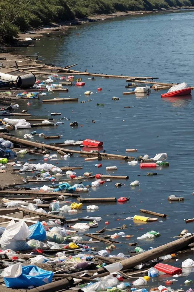 A polluted river with garbage on the shore animated