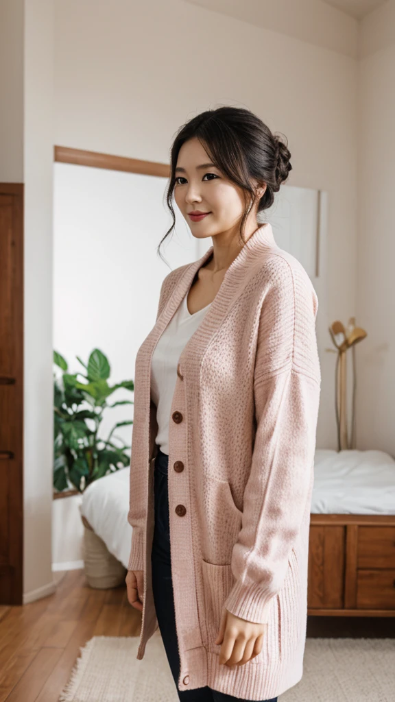 a young Korean housewife in a pink cardigan, white dress, large hair bun, standing in living room, face straight to viewer, shy pose, serene expression, cute face, detailed face, detailed clothing, detailed background, natural lighting, warm colors, beautiful scenery, intricate details, highly detailed, photorealistic, 8k, ((masterpiece)), cinematic style, portrait