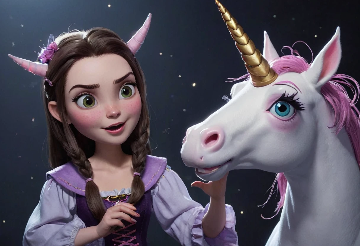 a wicked witch turned the girl unicorn into an ugly toy,and a good fairy lifted the curse but the magic horn on the girl's head remained forever,girl with a unicorn horn,magic horn on the beautiful girl's head,Pixar ((unicorn girl)).