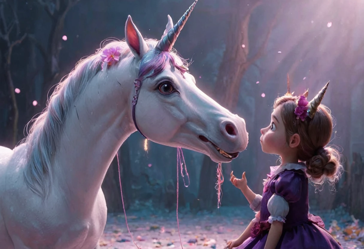 a wicked witch turned the girl unicorn into an ugly toy,and a good fairy lifted the curse but the magic horn on the girl's head remained forever,girl with a unicorn horn,magic horn on the beautiful girl's head,Pixar ((unicorn girl)).
