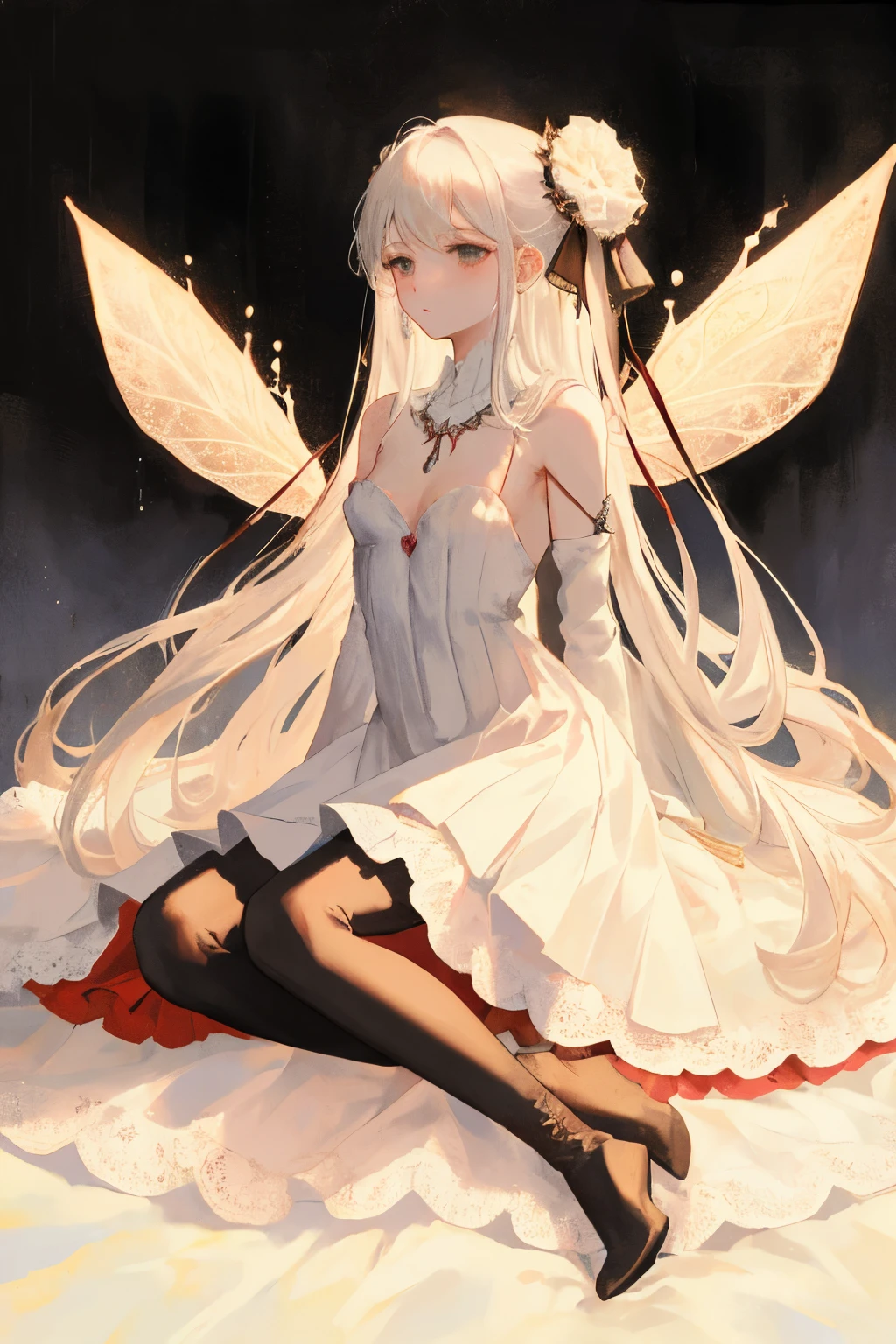 ((best quality)), ((masterpiece)), (detailed), 1girl, Character design, female, dynamic poses, long white grey hair, grey white eyes, very skinny, detailed, best quality, no accesoires around the neck, no shoes, prominent collarbones, skinny arms, flat stomach, visible hip bones, full body, blank white background, plain background, white background, red and white clothing, Bloodborne inspired, occult aesthetic, occult, detailed and intricate steampunk and detailed gothic, NSFW, Very dramatic and cinematic lighting, cosmic horror, grim-dark, side-lighting, perfect face, NSFW, Fluttering lace flared long knee length dress with frilly petticoats, knee length dress, pleated petticoats, petticoats gothic, complex lace boots, side-lighting, gothic aesthetic, wielding a mighty sword with mechanical components, mandalas, small breasts, a fairy, various different types of insect wings, NSFW, full body, whole body, body, plain background, white background, blank background, no background, white background NSFW, chains, full body, whole body, head-to-toe NSFW