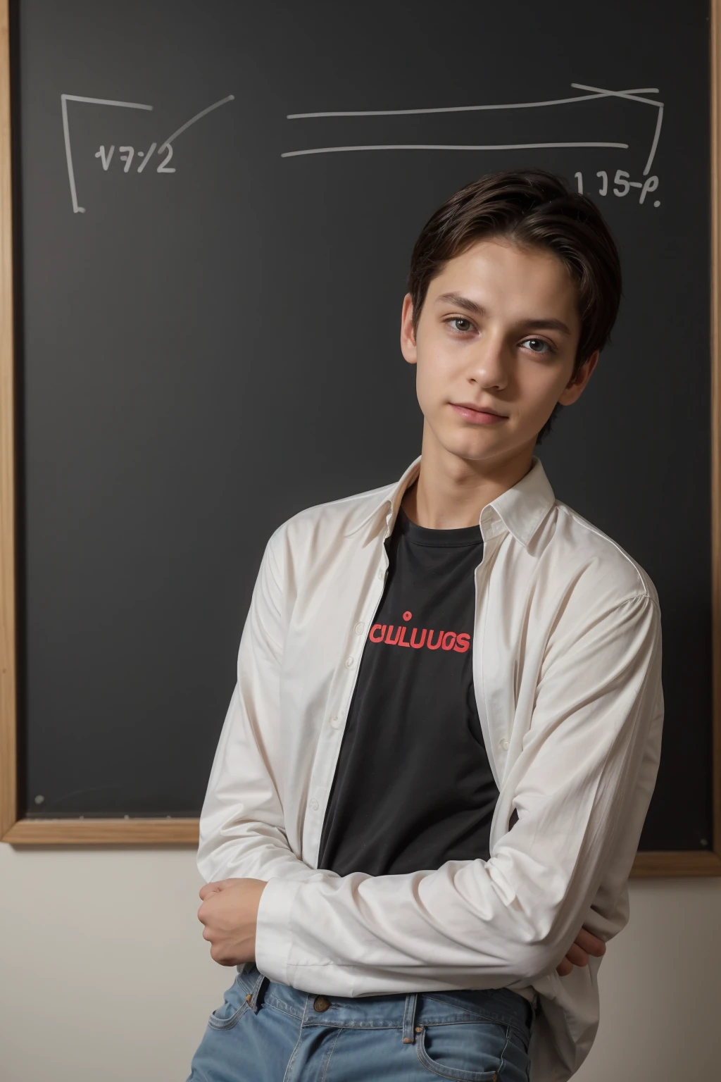 A young, cute, beautiful male twink with black hair, wearing a luxurious white long-sleeved shirt and jeans. He is in his office, and behind him is a blackboard with calculus written on it, and neon energy comes out of the blackboard. He looks proudly, his eyes have dark circles under them, and he looks with a look of horror.