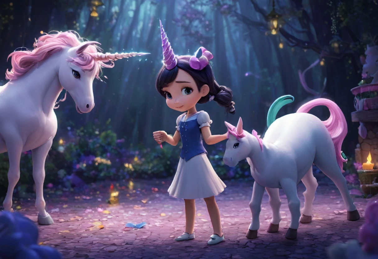 a wicked witch turned the girl unicorn into an ugly toy,and a good fairy lifted the curse but the magic horn on the girl's head remained forever,girl with a unicorn horn,magic horn on the beautiful girl's head,Pixar ((unicorn girl)).