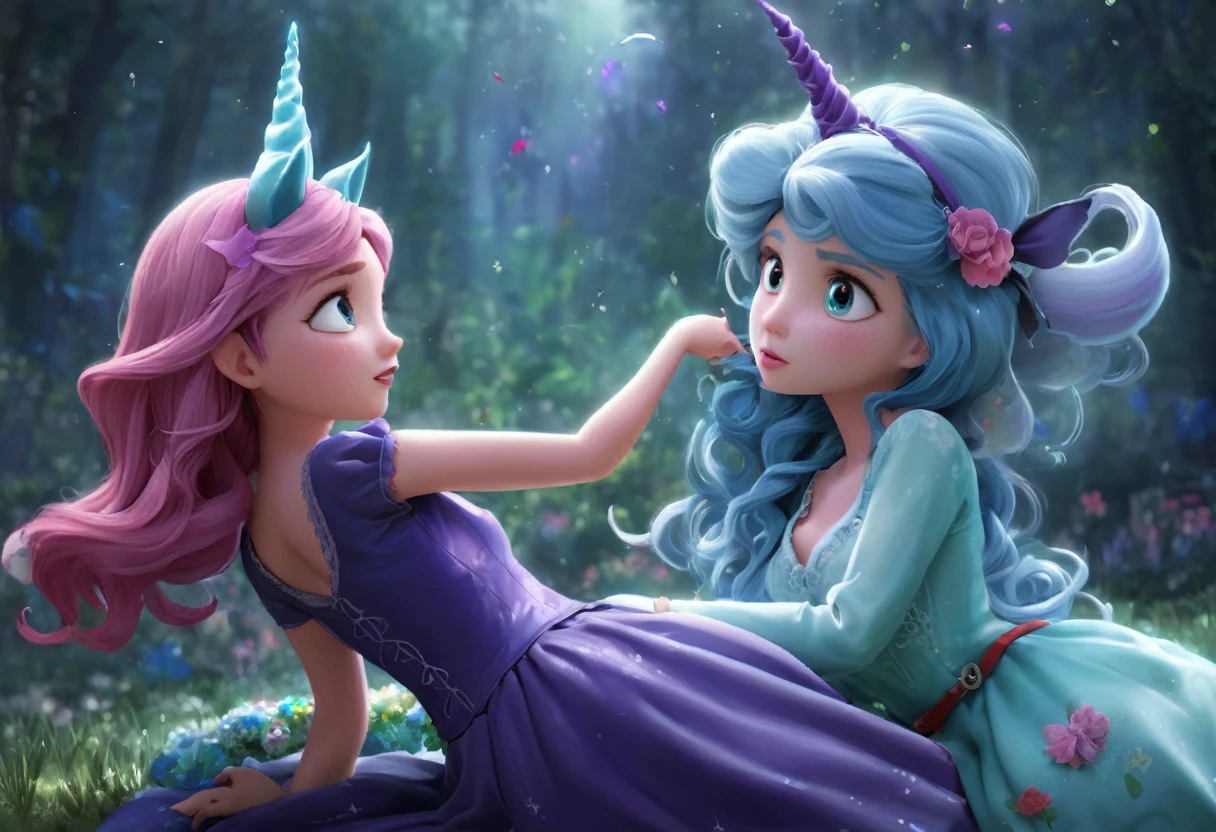 a wicked witch turned the girl unicorn into an ugly toy,and a good fairy lifted the curse but the magic horn on the girl's head remained forever,girl with a unicorn horn,magic horn on the beautiful girl's head,Pixar ((unicorn girl)).