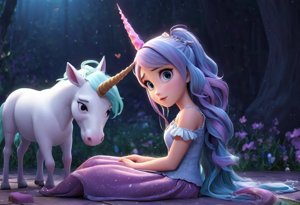 a wicked witch turned the girl unicorn into an ugly toy,and a good fairy lifted the curse but the magic horn on the girl's head remained forever,girl with a unicorn horn,magic horn on the beautiful girl's head,Pixar ((unicorn girl)).