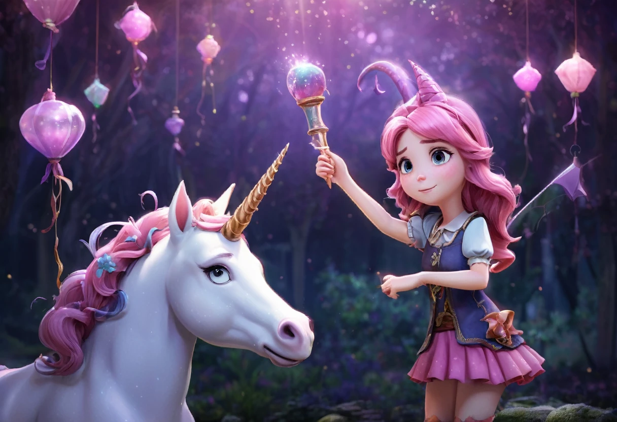 a wicked witch turned the girl unicorn into an ugly toy,and a good fairy lifted the curse but the magic horn on the girl's head remained forever,girl with a unicorn horn,magic horn on the beautiful girl's head,Pixar ((unicorn girl)).