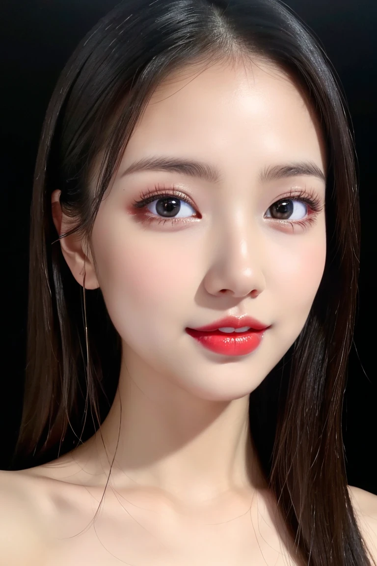 (Highest quality、Tabletop、8k、Best image quality、Award-winning works)、Cute beauty、(nude:1.3)、(The simplest pure black background:1.5)、(Face close-up:1.6)、Beautiful and exquisite、Expressionless、(look straight at me:1.1)、(stand upright facing forward:1.1)、(Perfect Makeup:1.1)、(Bright lipstick:1.1)、Ultra-high definition beauty face、Ultra HD Hair、Ultra HD Shining Eyes、Ultra-high quality, vibrant and glossy lip color、Accurate anatomy、Very beautiful skin、Ultra high resolution and beautiful, Glowing Skin、An elegant upright posture when viewed from the front、Sweaty skin、Hot face、Damp Hair、Moist Skin、Body facing straight ahead