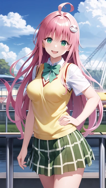 masterpiece, best quality, highres, aalala, long hair, ahoge, hair ornament, green eyes, breasts, , green bowtie, collared shirt, white shirt, sweater vest, yellow vest, short sleeves, plaid skirt, green skirt, peace sign, amusement park, smile, standing