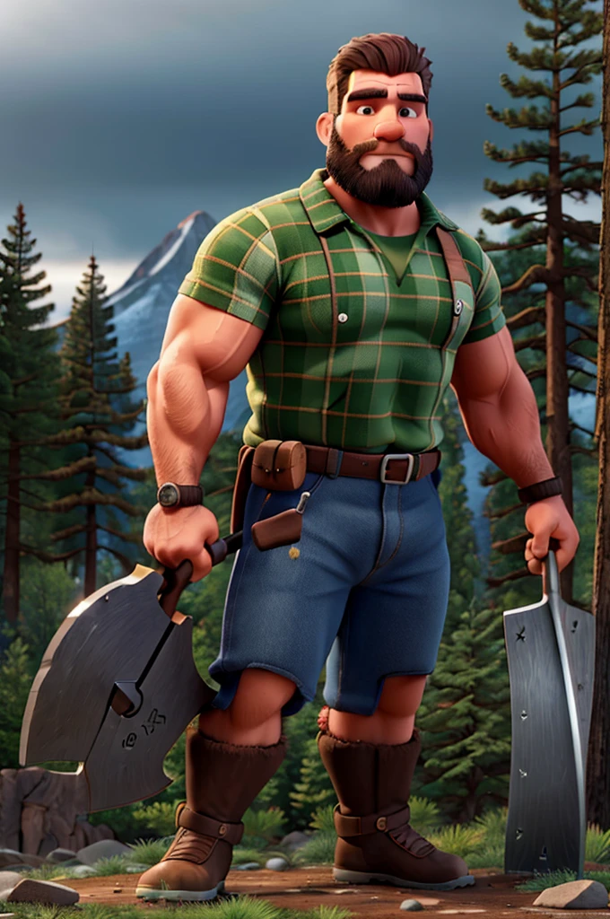 a muscular lumberjack paul bunyan, detailed facial features, striking eyes, holding a huge axe, standing in a forest landscape, majestic mountains in the background, detailed bark textures on the trees, dramatic lighting, cinematic composition, photorealistic, 8k, highly detailed