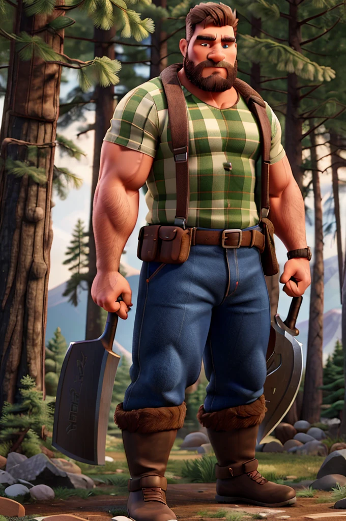 a muscular lumberjack paul bunyan, detailed facial features, striking eyes, holding a huge axe, standing in a forest landscape, majestic mountains in the background, detailed bark textures on the trees, dramatic lighting, cinematic composition, photorealistic, 8k, highly detailed