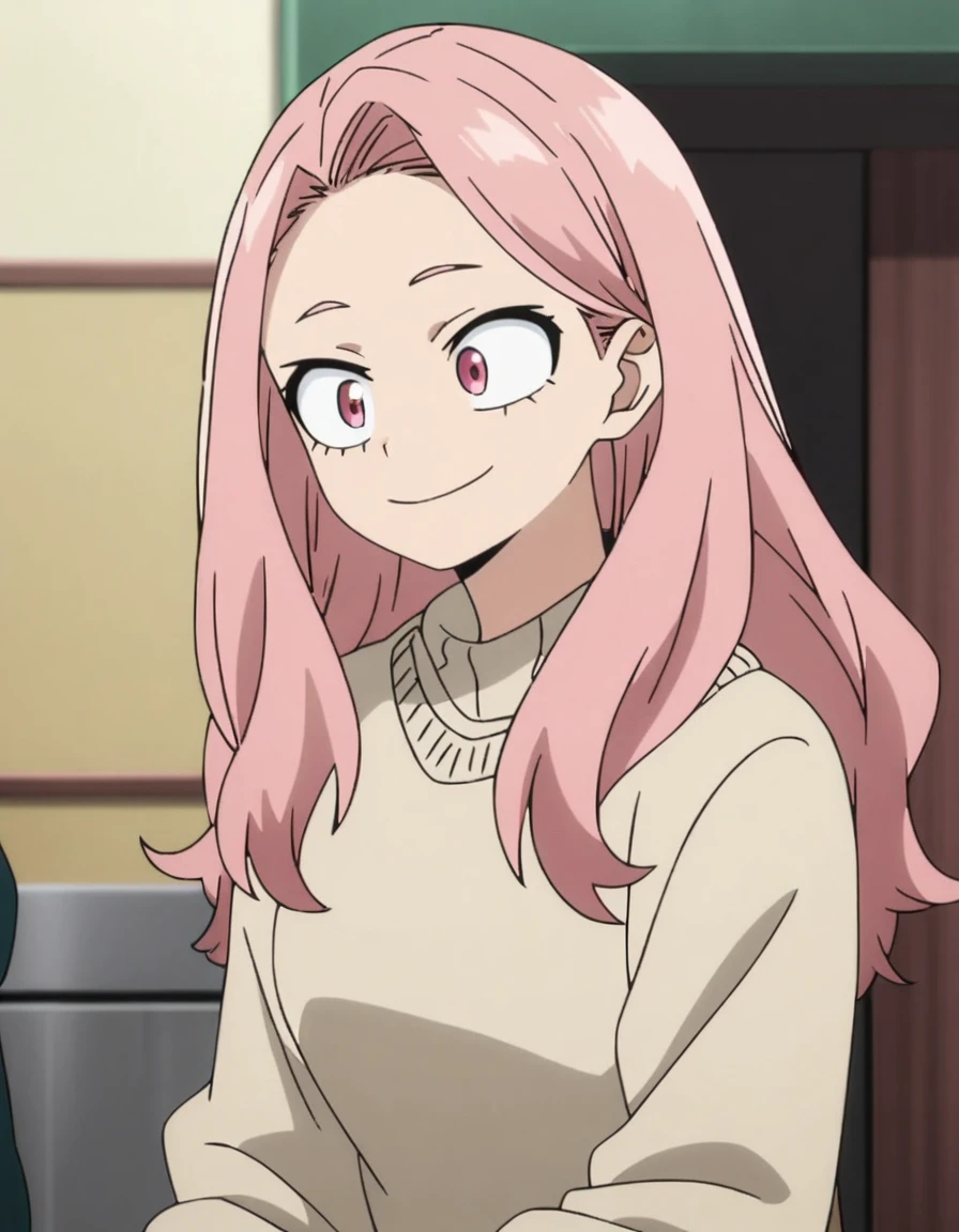1girl, female focus, my hero academia screencap, boku no hero academia, pink hair, pink eyes, smiling, long hair, cute, wearing  with beige jumper, in UA school
