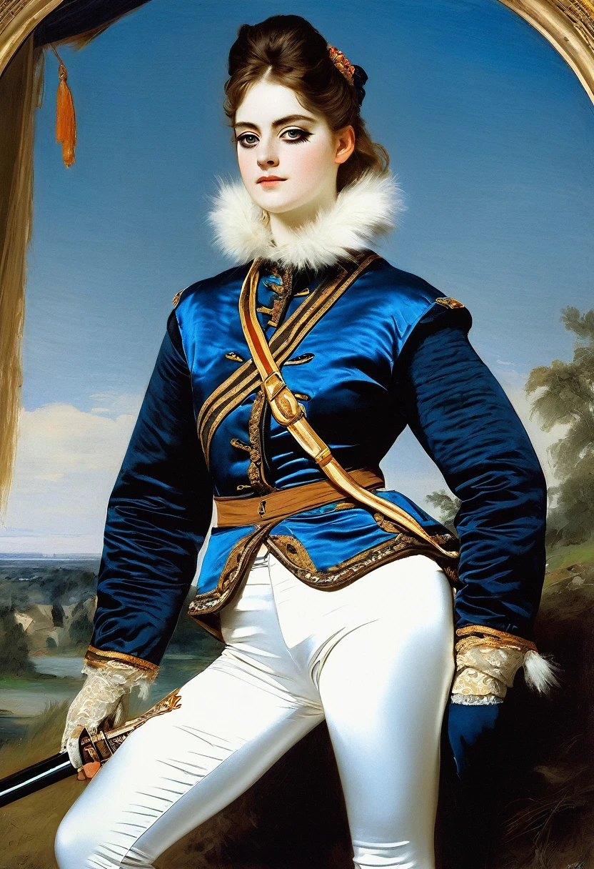 ((An attractive bandit girl with an occluder on her eye)) in a blue fur hussar jacket on her shoulder, white satin loose leggings, pantaleer, dolman, boots, 19 century, 
((Edouard Manet style)),((painting)), two-color lighting, Scuff gradient, Complex details, intricate, aesthetics, ((best quality, Masterpiece)),
((Highest detail)), Octane render, hd, f/2.8, 8K