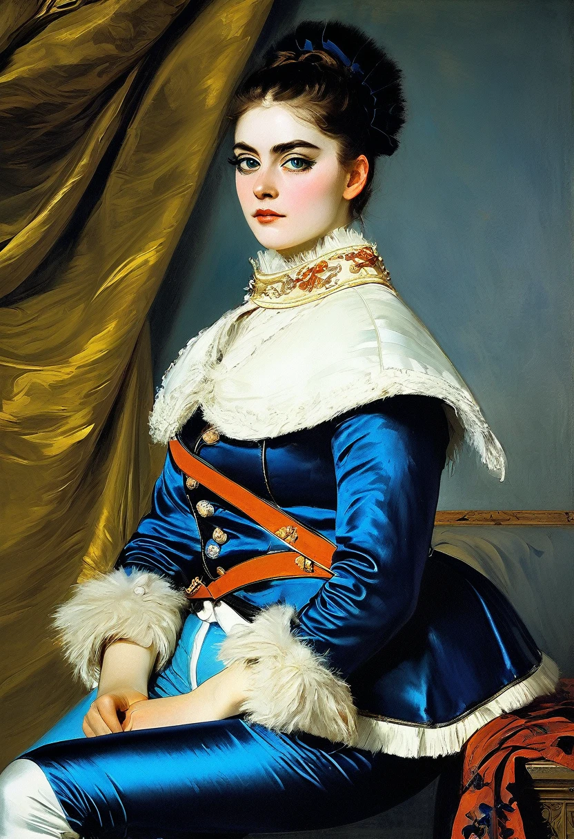 ((An attractive bandit girl with an occluder on her eye)) in a blue fur hussar jacket on her shoulder, white satin loose leggings, pantaleer, dolman, boots, 19 century,
((Edouard Manet style)),((painting)), two-color lighting, Scuff gradient, Complex details, intricate, aesthetics, ((best quality, Masterpiece)),
((Highest detail)), Octane render, hd, f/2.8, 8K