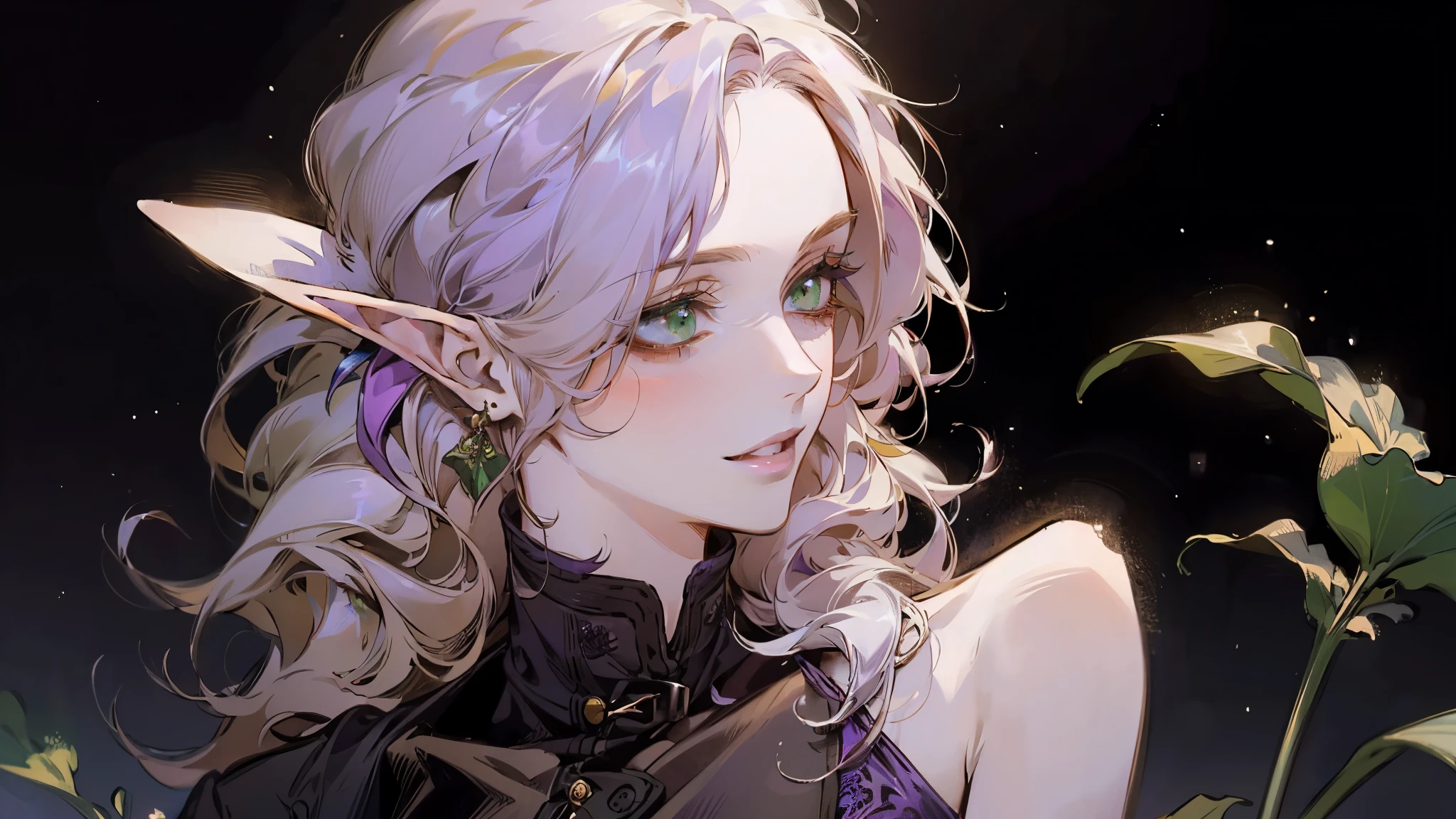 A beautiful, elegant girl with purple hair, green eyes and pale skin. Her hair is long and curly, she has two pretty tufts on the sides. She is an elf girl. elf ears. (she smiles:1.2). black background.