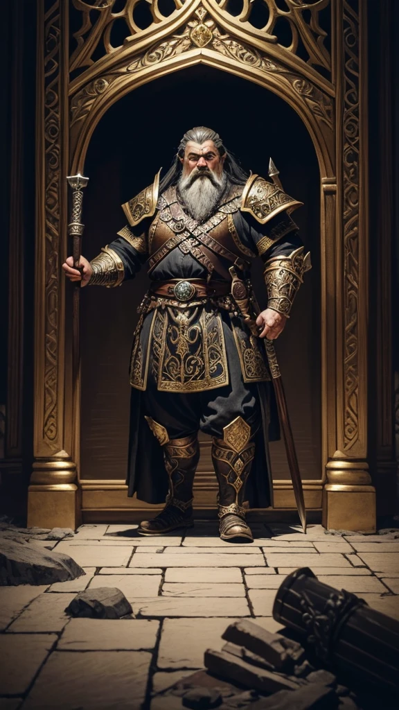 In a realm of magic and adventure, create a stunning illustration of a majestic dwarf warrior adorned in ornate dark heavy and wielding an elaborate battle axe, ruling over his opulent underground throne_room. Explore a rich fantasy character design inspired by artists like Frank Frazetta, J.R.R. Tolkien, and H.P. Lovecraft, in mediums such as watercolor, oil on canvas, or detailed ink drawing. Emphasize the dwarf king's regal presence, intricate details of his armor and weapon, and the grandeur of his subterranean kingdom filled with treasures, architectural marvels, and a strong sense of awe and wonder.