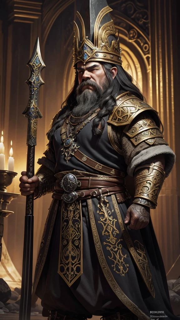 In a realm of magic and adventure, create a stunning illustration of a majestic dwarf warrior adorned in ornate dark heavy and wielding an elaborate battle axe, ruling over his opulent underground throne_room. Explore a rich fantasy character design inspired by artists like Frank Frazetta, J.R.R. Tolkien, and H.P. Lovecraft, in mediums such as watercolor, oil on canvas, or detailed ink drawing. Emphasize the dwarf king's regal presence, intricate details of his armor and weapon, and the grandeur of his subterranean kingdom filled with treasures, architectural marvels, and a strong sense of awe and wonder.