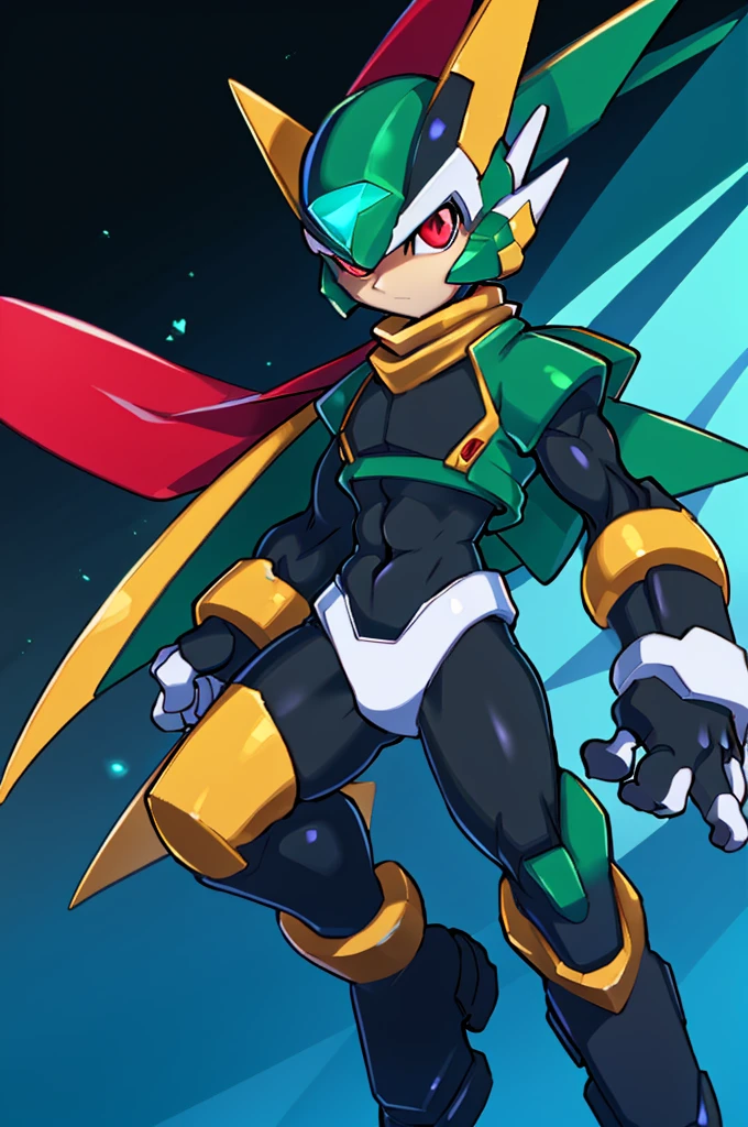 Male Reploid, Red Eyes, Black suit, closed green jacket, Green helmet, Blue gem in the shape of a triangle in the center of the helmet, yellow scarf, white groin protector, green and gold boots, full body image
