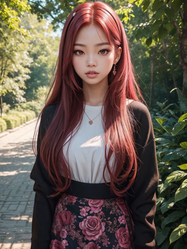 A woman glowing skin, lips, sacimaer detailed skin, with five fingers on the hands Beautiful face and detailed pink eyes, Spotlight, professional lighting, 1 girl, Alone, long hair, wearing a cute outfit, natural pose, lips, indoor, realistic, I want the whole image be created, face and body of blackpink's Jennie kim with red hair and in four places with different poses doing random things  walking in a park with different plants, a calm square with some people in the background  