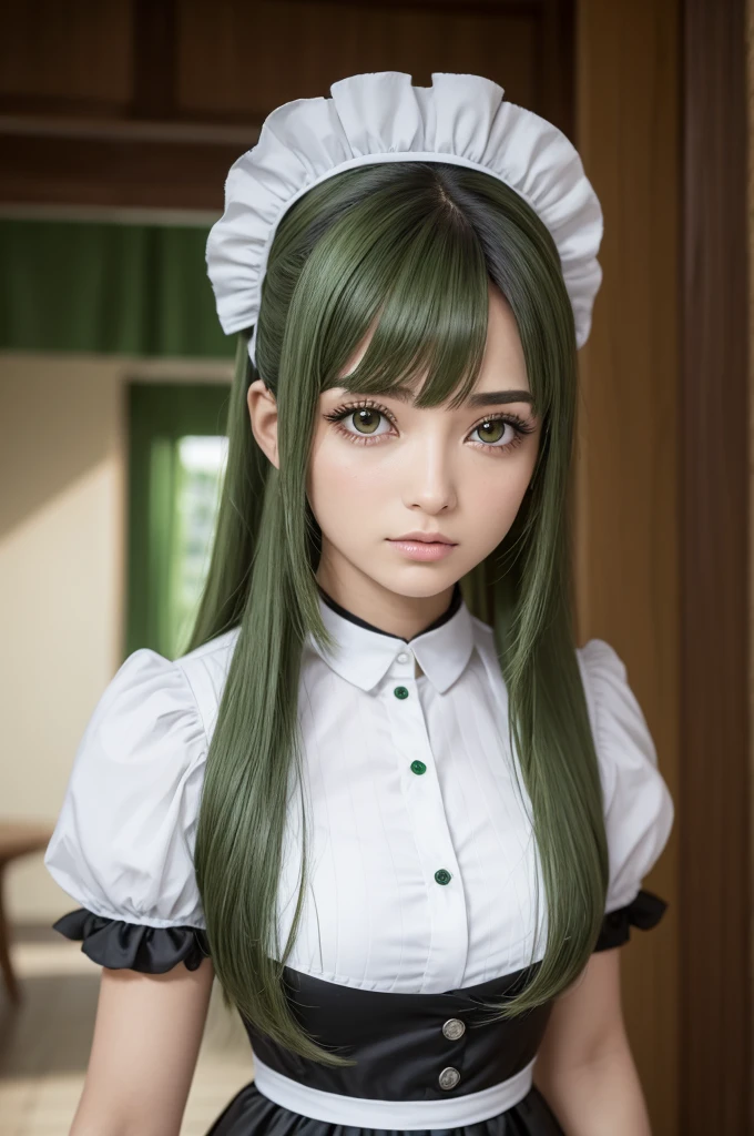 de anime,peituda,olhos verdes, roupa de maid,cabelos pretos e pele branca.