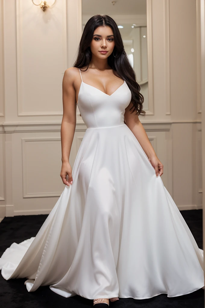 A beautiful woman with a perfect figure, black long hair, incredibly beautiful eyes, dressed in an evening white dress against the background of a ball