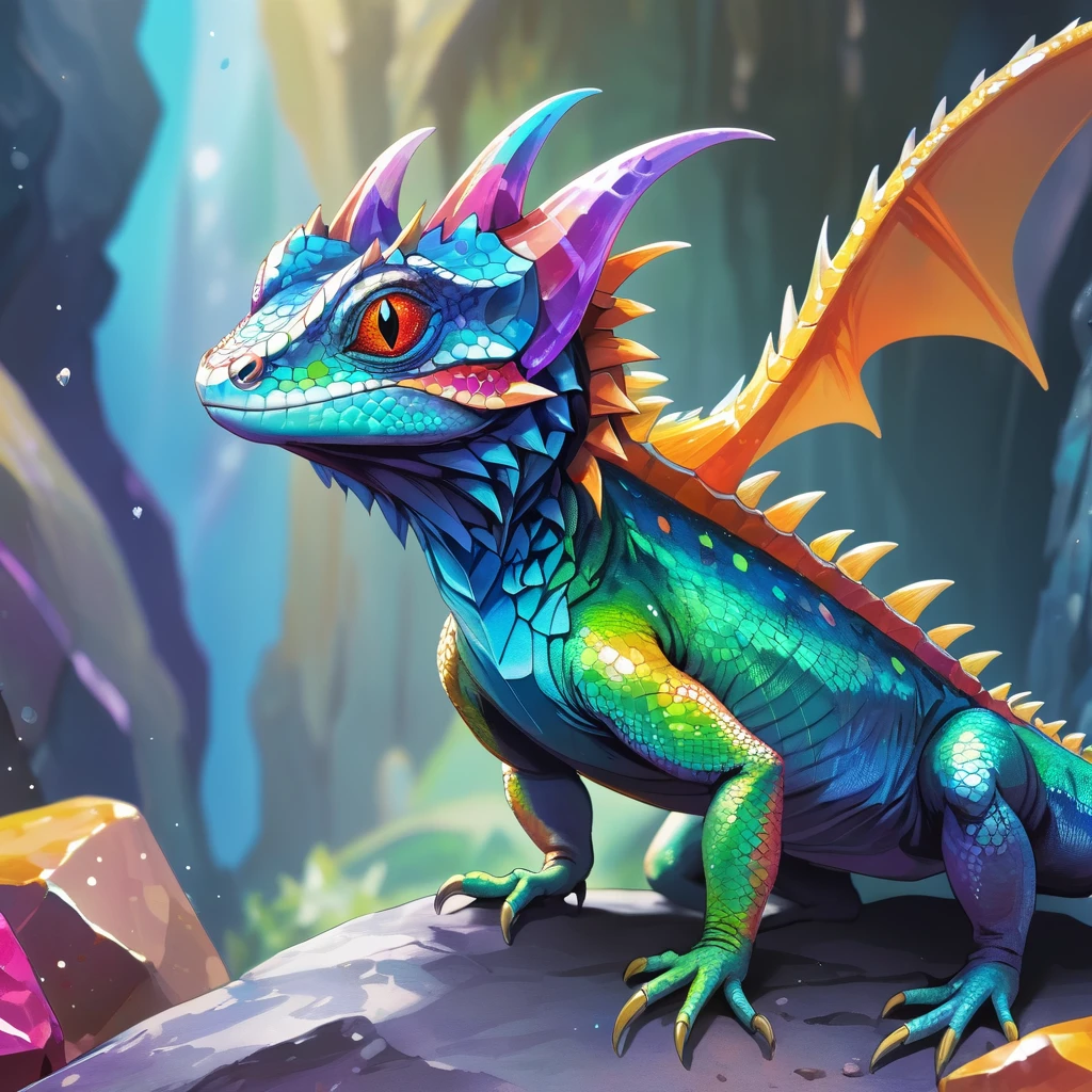Masterpiece, best quality, colorful lizard, closeup, horns, crystal cave with colorful stones
