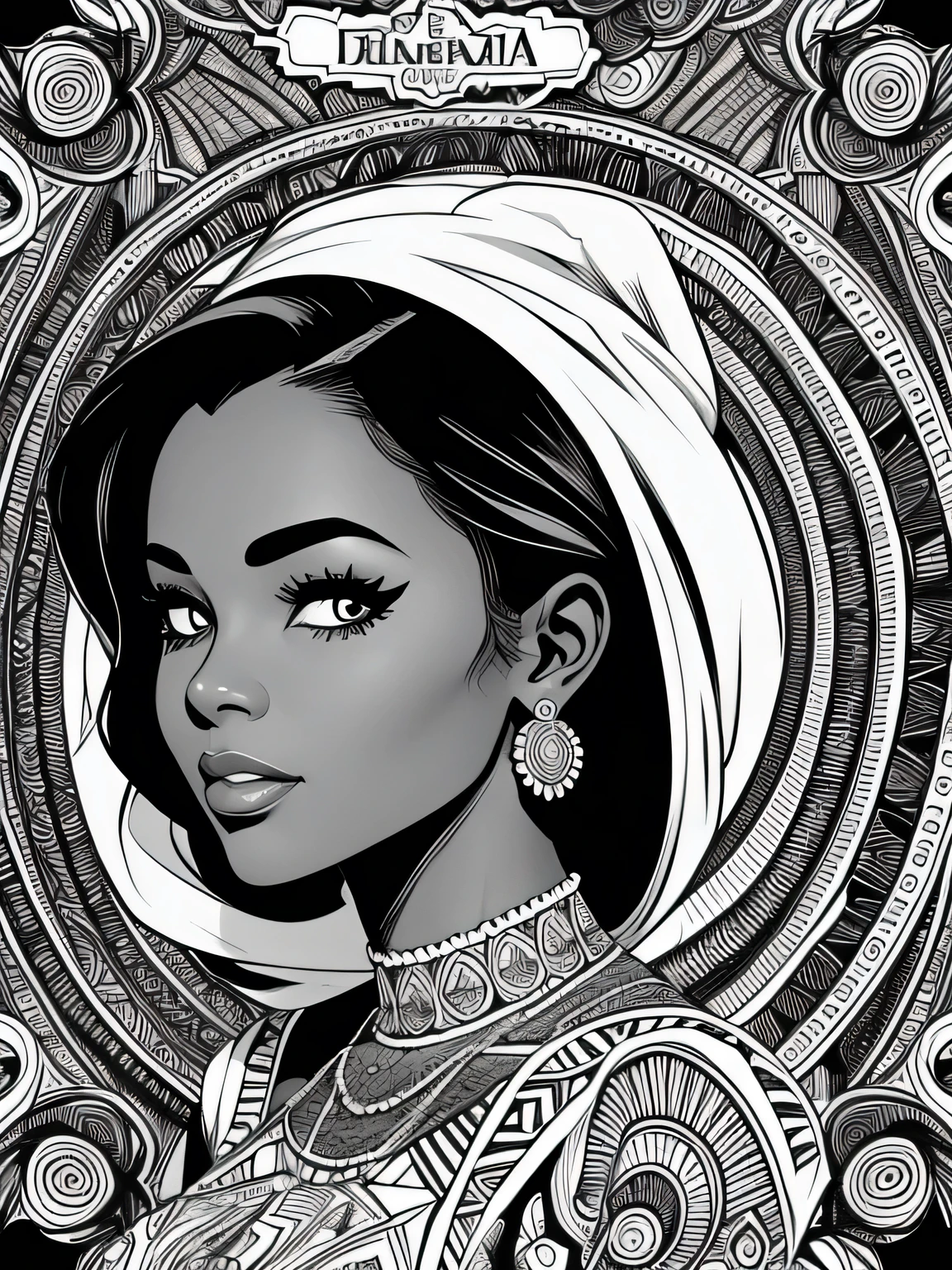 mulher loira selvagem na africa,black and white comic style, pencil and ink caricature drawing, black and white coloring,arte vector preto e branco,arte mandala