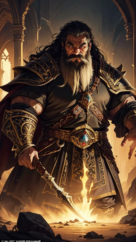 In a realm of magic and adventure, create a stunning illustration of a majestic dwarf warrior adorned in ornate dark heavy and wielding an elaborate battle axe, ruling over his opulent underground throne_room. Explore a rich fantasy character design inspired by artists like Frank Frazetta, J.R.R. Tolkien, and H.P. Lovecraft, in mediums such as watercolor, oil on canvas, or detailed ink drawing. Emphasize the dwarf king's regal presence, intricate details of his armor and weapon, and the grandeur of his subterranean kingdom filled with treasures, architectural marvels, and a strong sense of awe and wonder.
