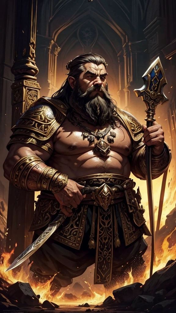In a realm of magic and adventure, create a stunning illustration of a majestic dwarf warrior adorned in ornate dark heavy and wielding an elaborate battle axe, ruling over his opulent underground throne_room. Explore a rich fantasy character design inspired by artists like Frank Frazetta, J.R.R. Tolkien, and H.P. Lovecraft, in mediums such as watercolor, oil on canvas, or detailed ink drawing. Emphasize the dwarf king's regal presence, intricate details of his armor and weapon, and the grandeur of his subterranean kingdom filled with treasures, architectural marvels, and a strong sense of awe and wonder.