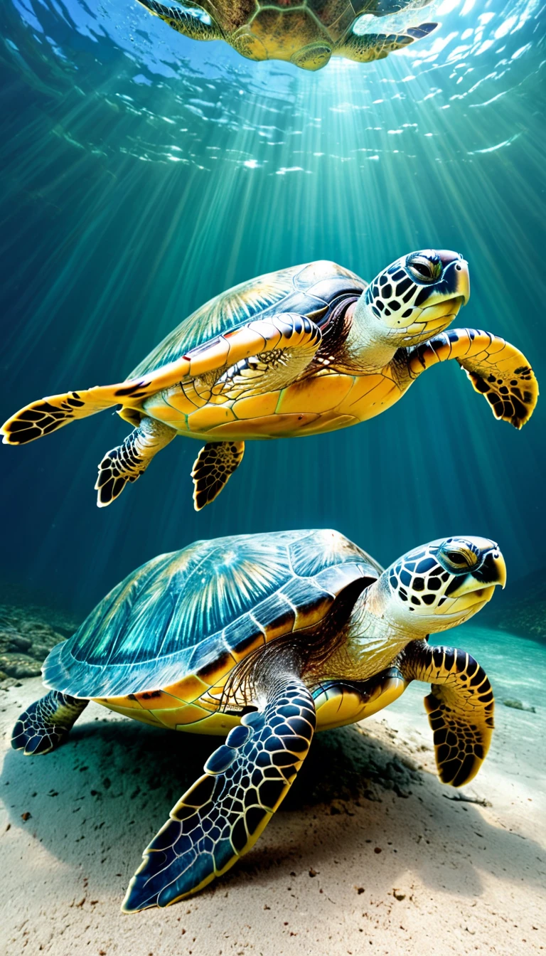 There are many magical turtles living at the bottom of the river,Its shape is no different from that of a turtle.,But it was a bird's eye view but a snake's tail,Mysterious Creatures, shrike, (best quality,4k,8k,High level,masterpiece:1.2),Ultra Detailed,(lifelike,Photo real,Photo real:1.37),Highly detailed animals,Complex patterns,Dramatic lighting,Fantasy Creatures